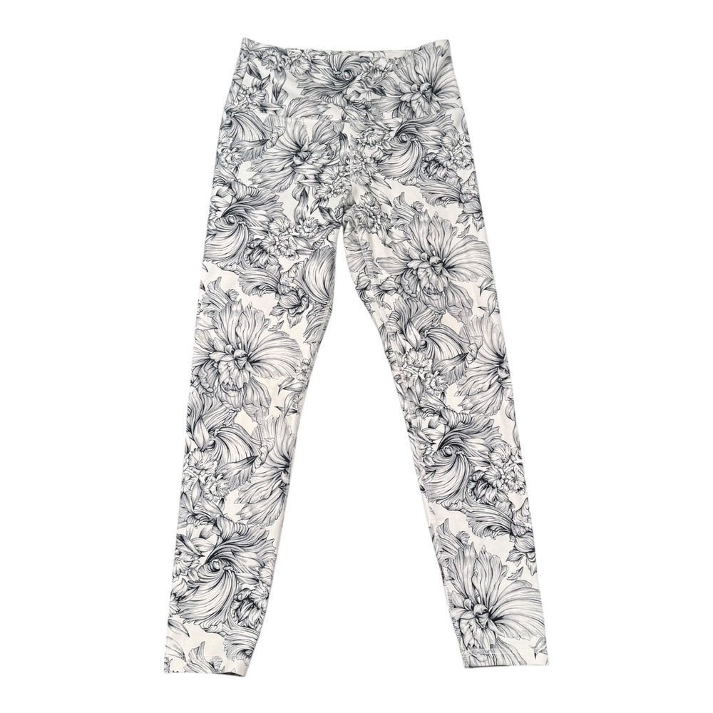 Balance Collection Womens Floral Sketch High Waisted Leggings White Black Large